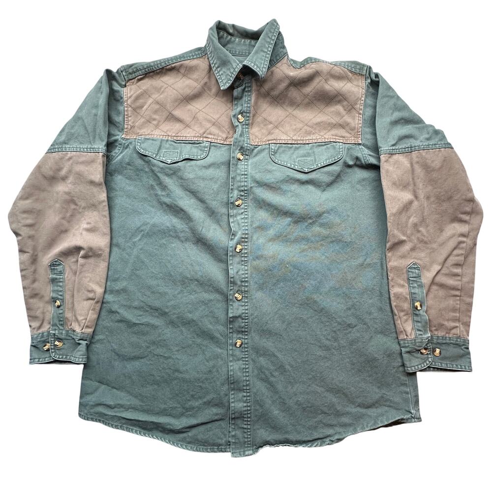 Vintage Cabelas Shooting Hunting Canvas Button Long Sleeve Shirt Men Large Green